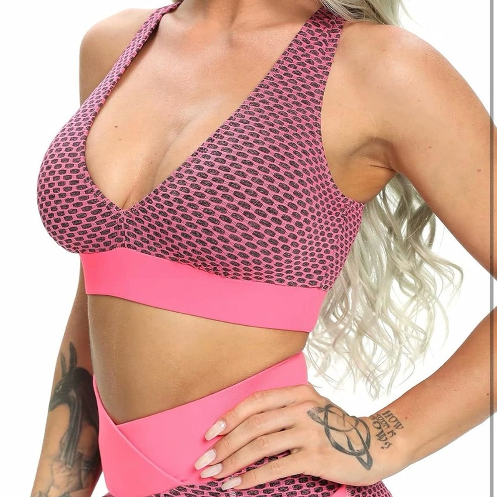 Sport Bra Padded Support Top V Neck Workout Fishnet Pink M